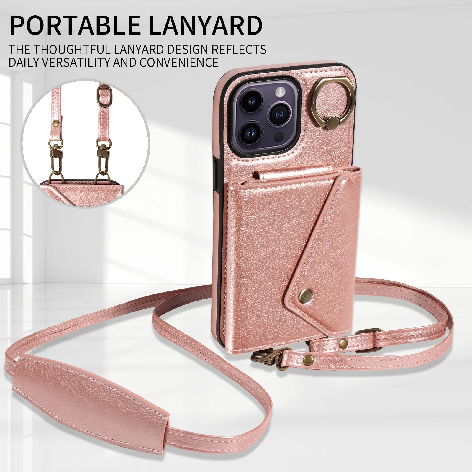 002 Scratch Proof Shell for iPhone 14 Pro , Ring Kickstand Card Bag Litchi Texture Leather TPU Phone Case with Shoulder Strap