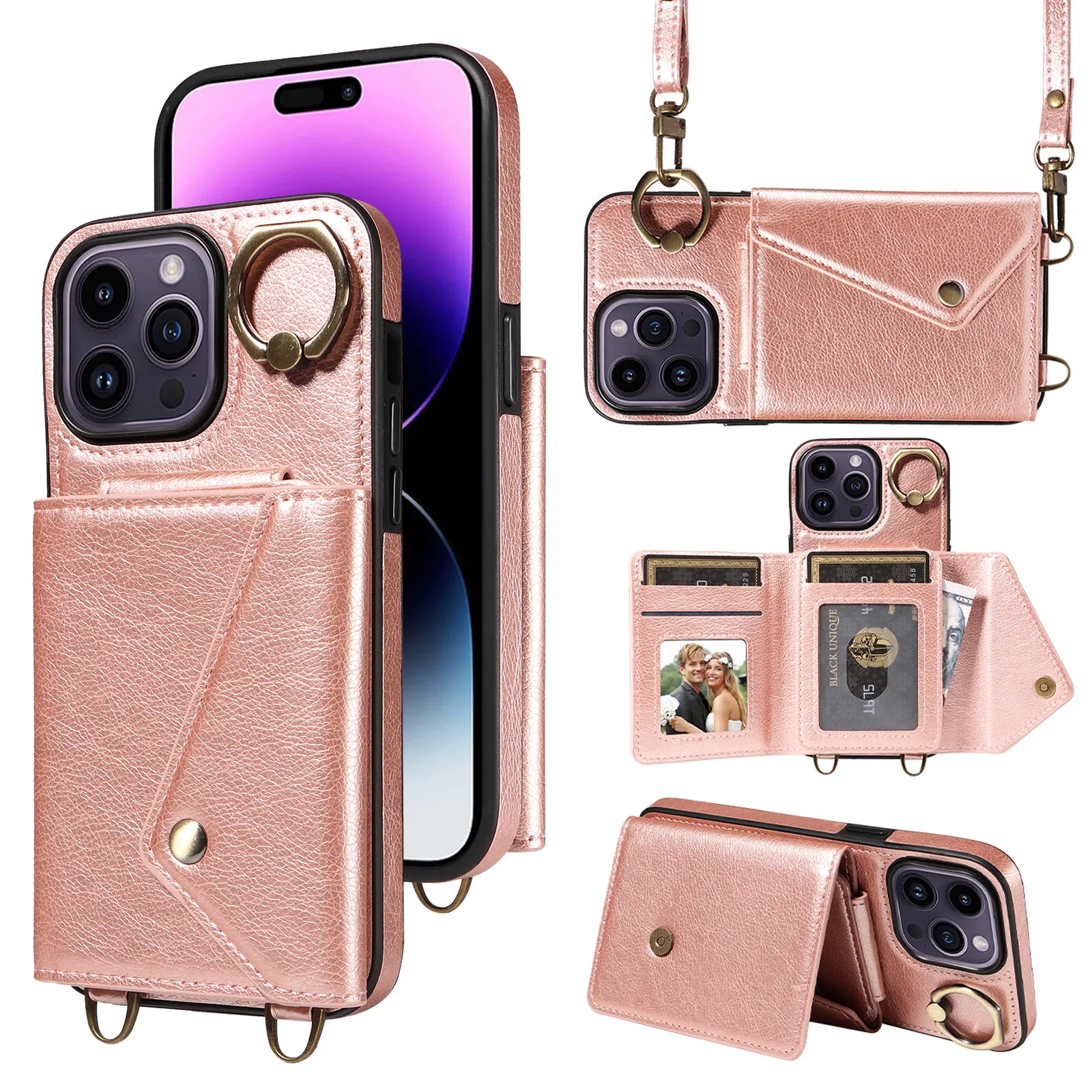 002 Scratch Proof Shell for iPhone 14 Pro , Ring Kickstand Card Bag Litchi Texture Leather TPU Phone Case with Shoulder Strap