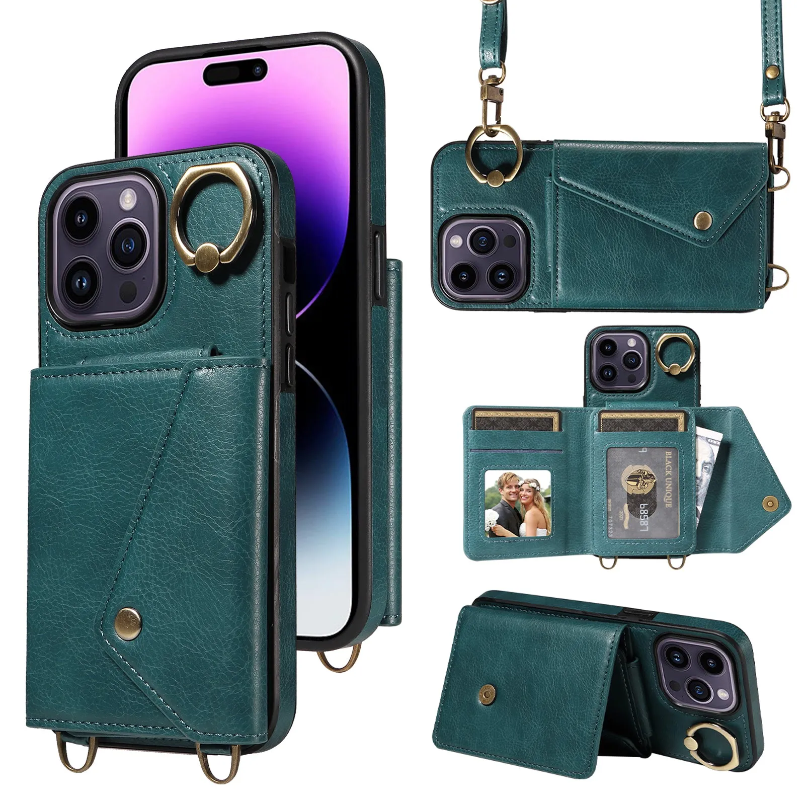 002 Scratch Proof Shell for iPhone 14 Pro , Ring Kickstand Card Bag Litchi Texture Leather TPU Phone Case with Shoulder Strap