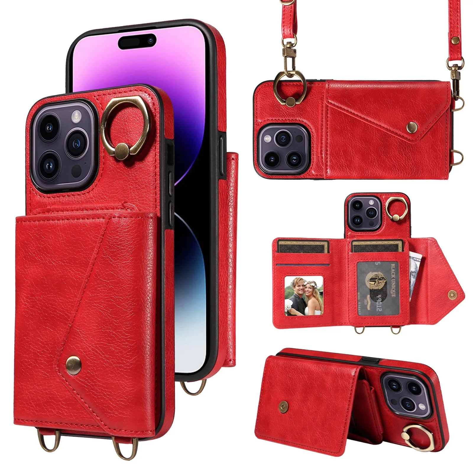 002 Scratch Proof Shell for iPhone 14 Pro , Ring Kickstand Card Bag Litchi Texture Leather TPU Phone Case with Shoulder Strap