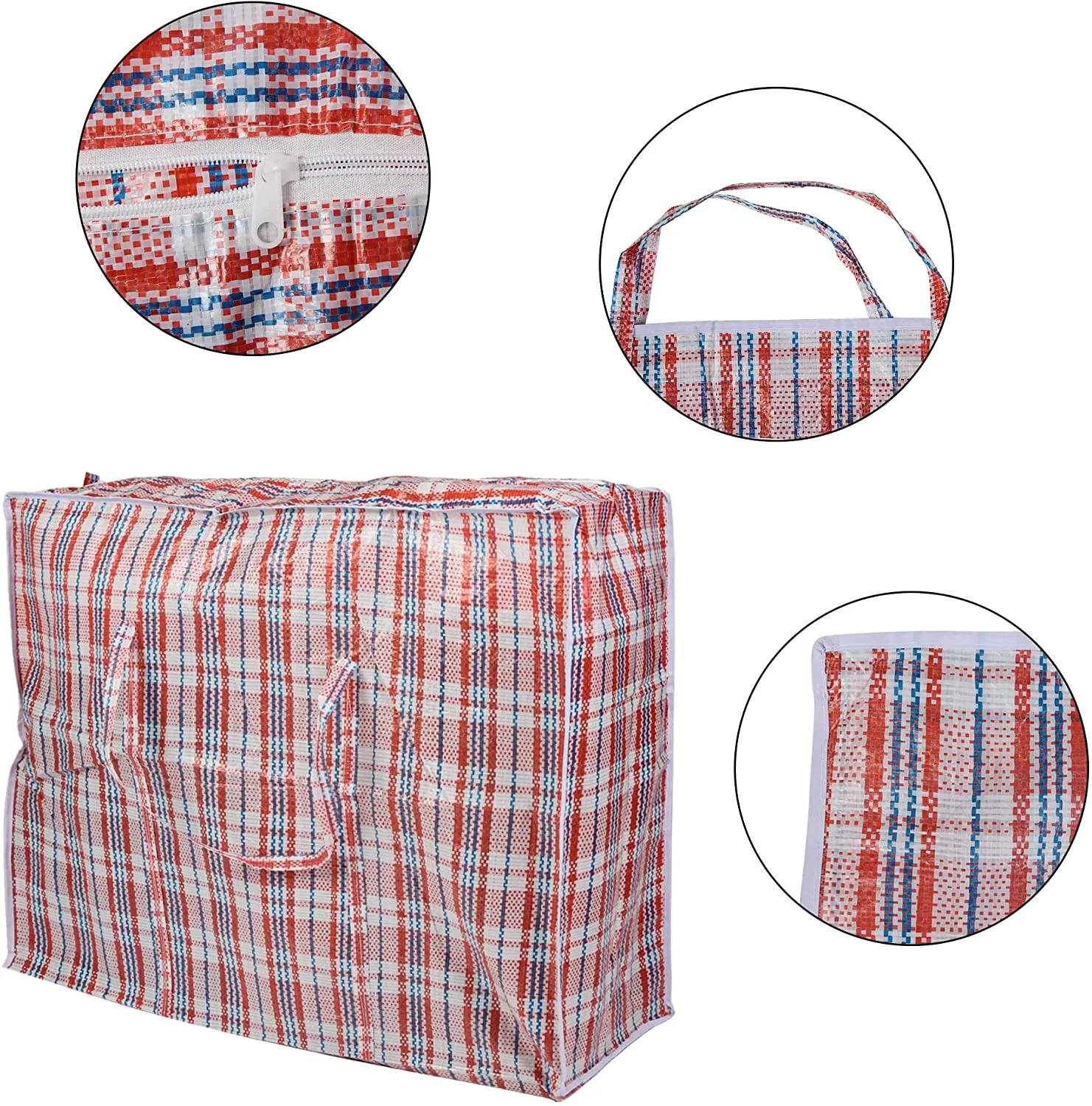 3PC Plastic Woven Storage Bag Moving Tote Clothes Laundry Travel Organizer w/ Zipper & Handles