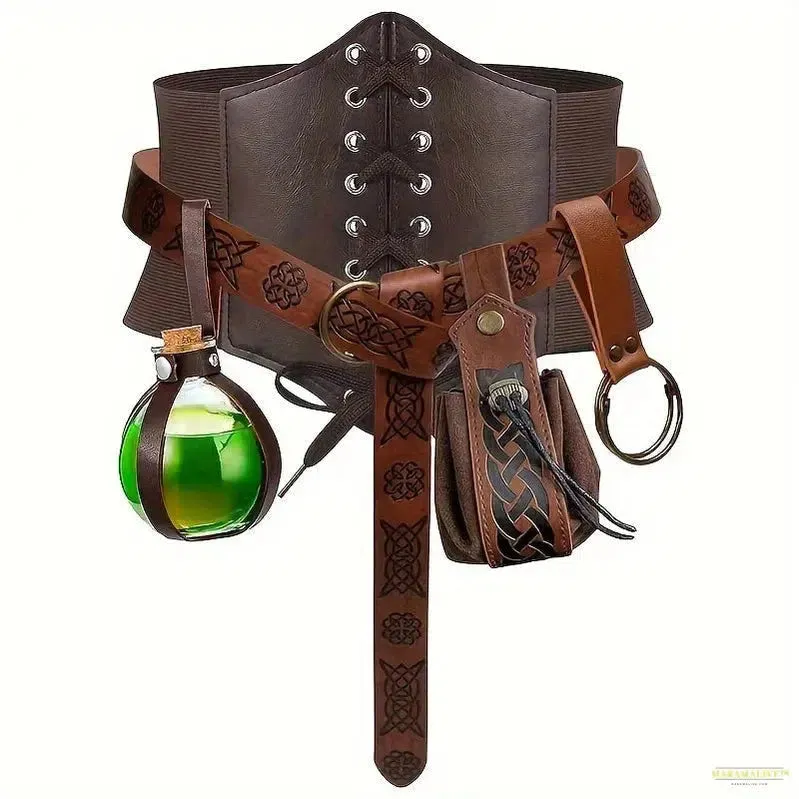 5-Piece Renaissance Costume Set: Medieval Steampunk Accessories with Belt, Bag, Cork Bottle and Waist Guard - Perfect for Photography, Cosplay, and Party Decoration