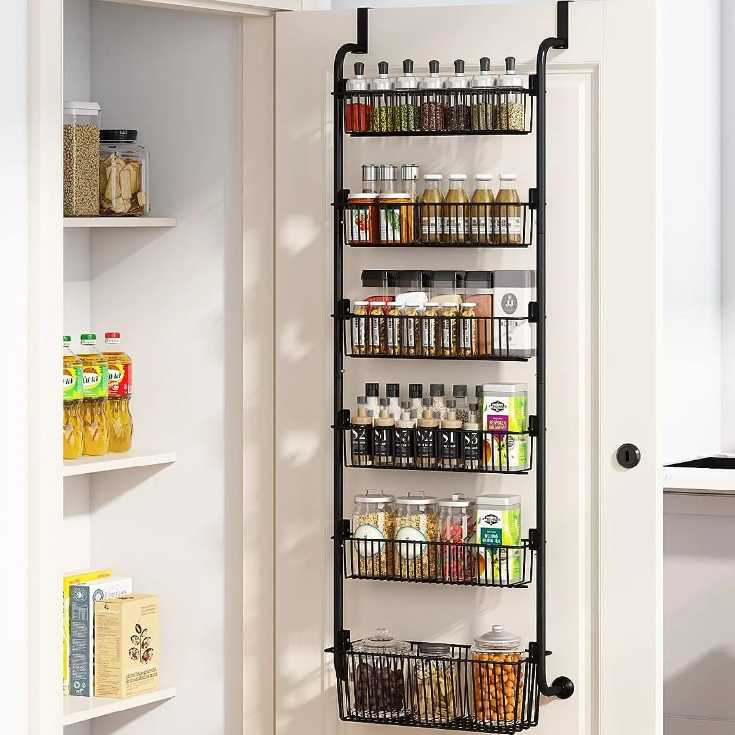 Adjustable 6 Tier Over-the-Door Pantry Organizer (Black)