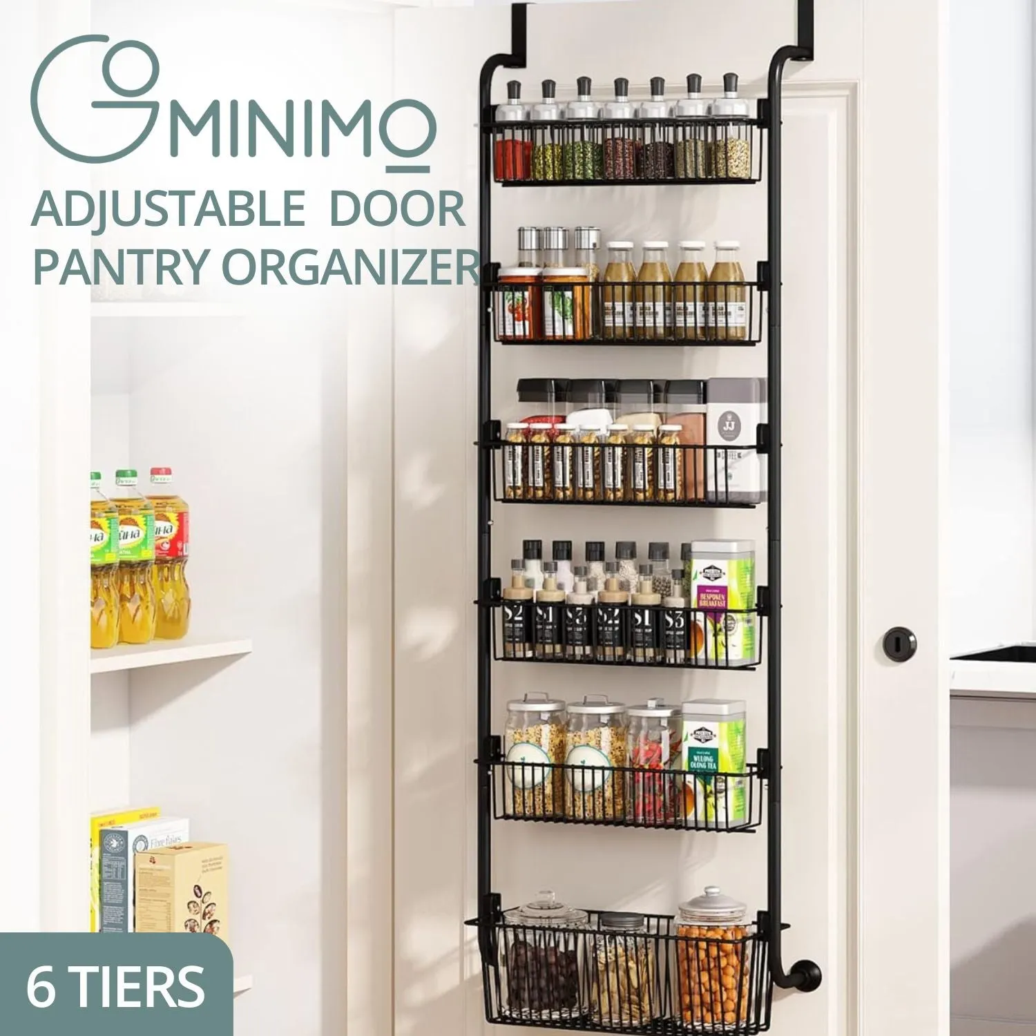 Adjustable 6 Tier Over-the-Door Pantry Organizer (Black)