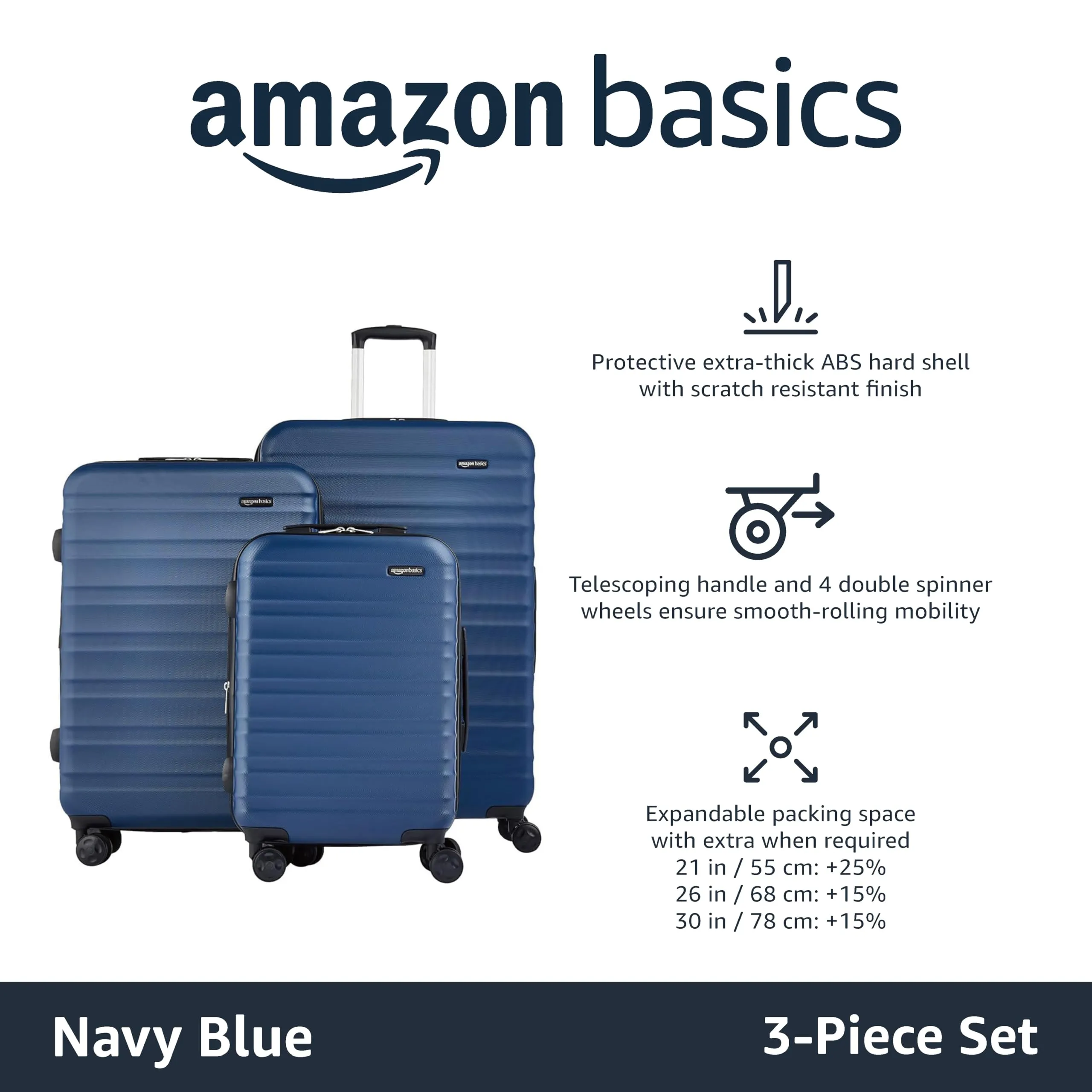 Amazon Basics Suitcase, Hardside Luggage with Spinner Wheels, Scratch-Resistant Surface, Light Blue, 30-Inch