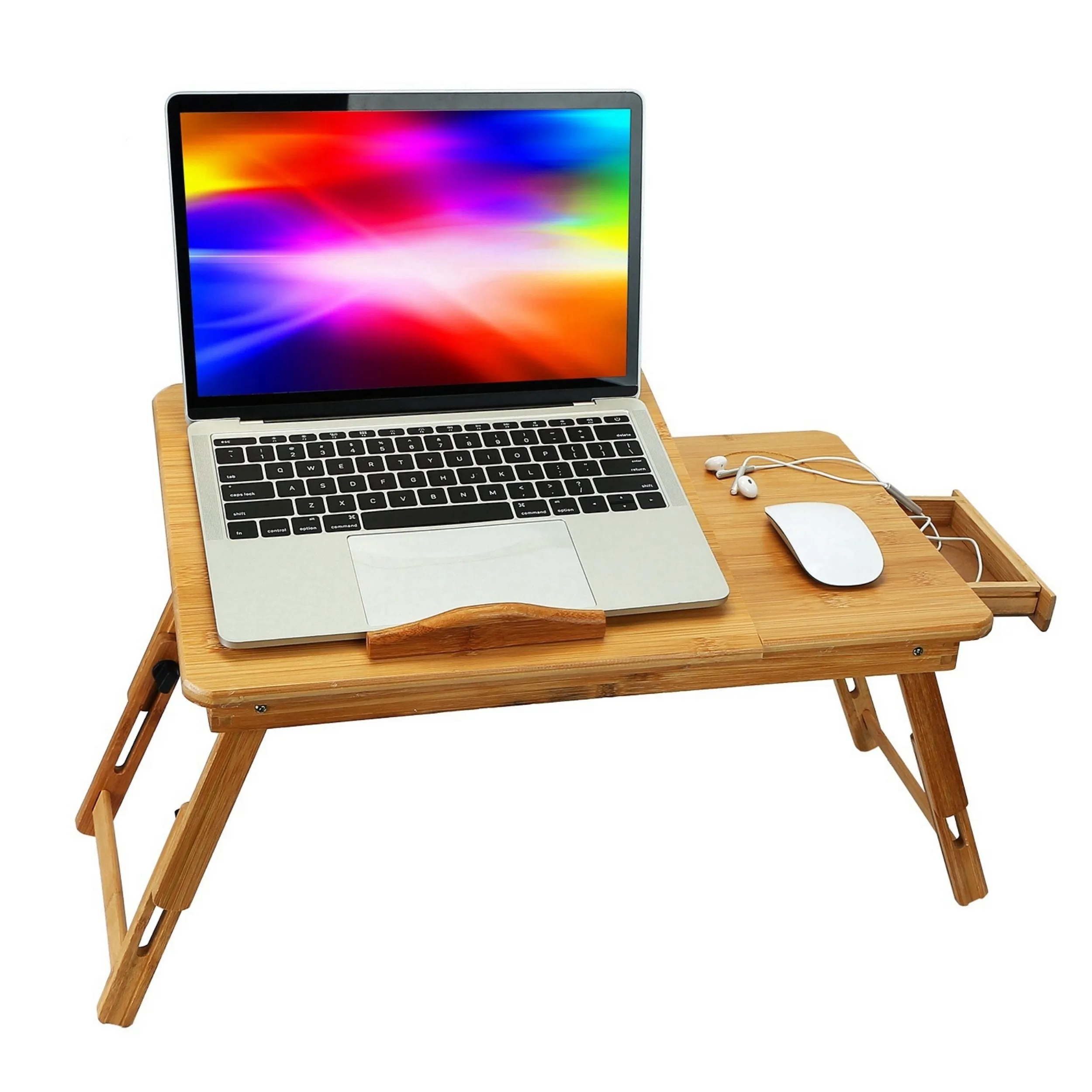 Bamboo Lap Desk with Foldable Leg and Adjustable Tilt Surface - Multi-Position, with Side Storage Drawer - for Work, Study - Specifications: Laptop Desk, Breakfast Serving, Bed Tray