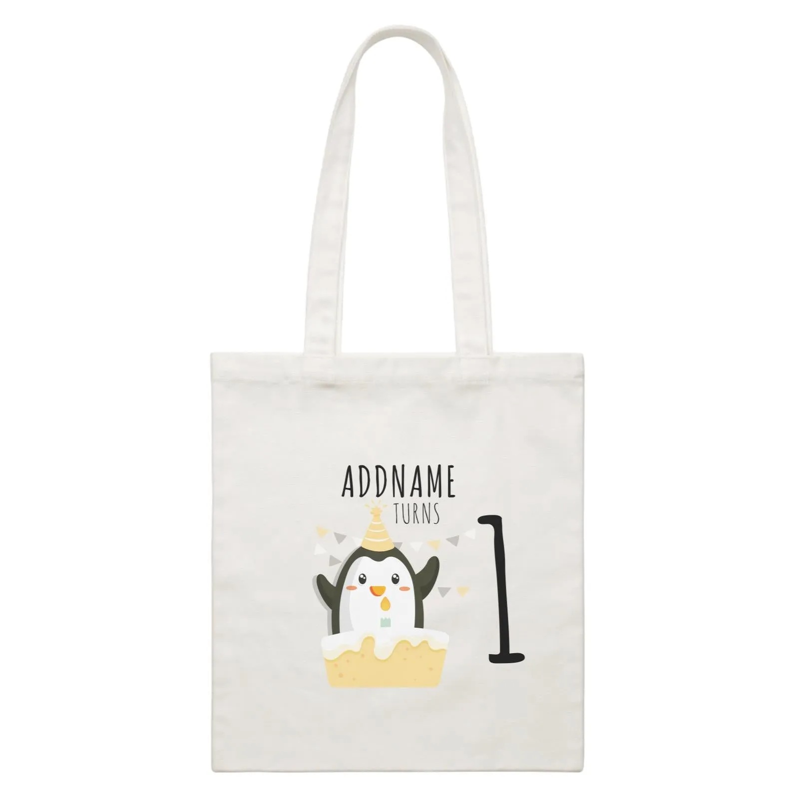 Birthday Cute Penguin And Cake Addname Turns 1 White Canvas Bag