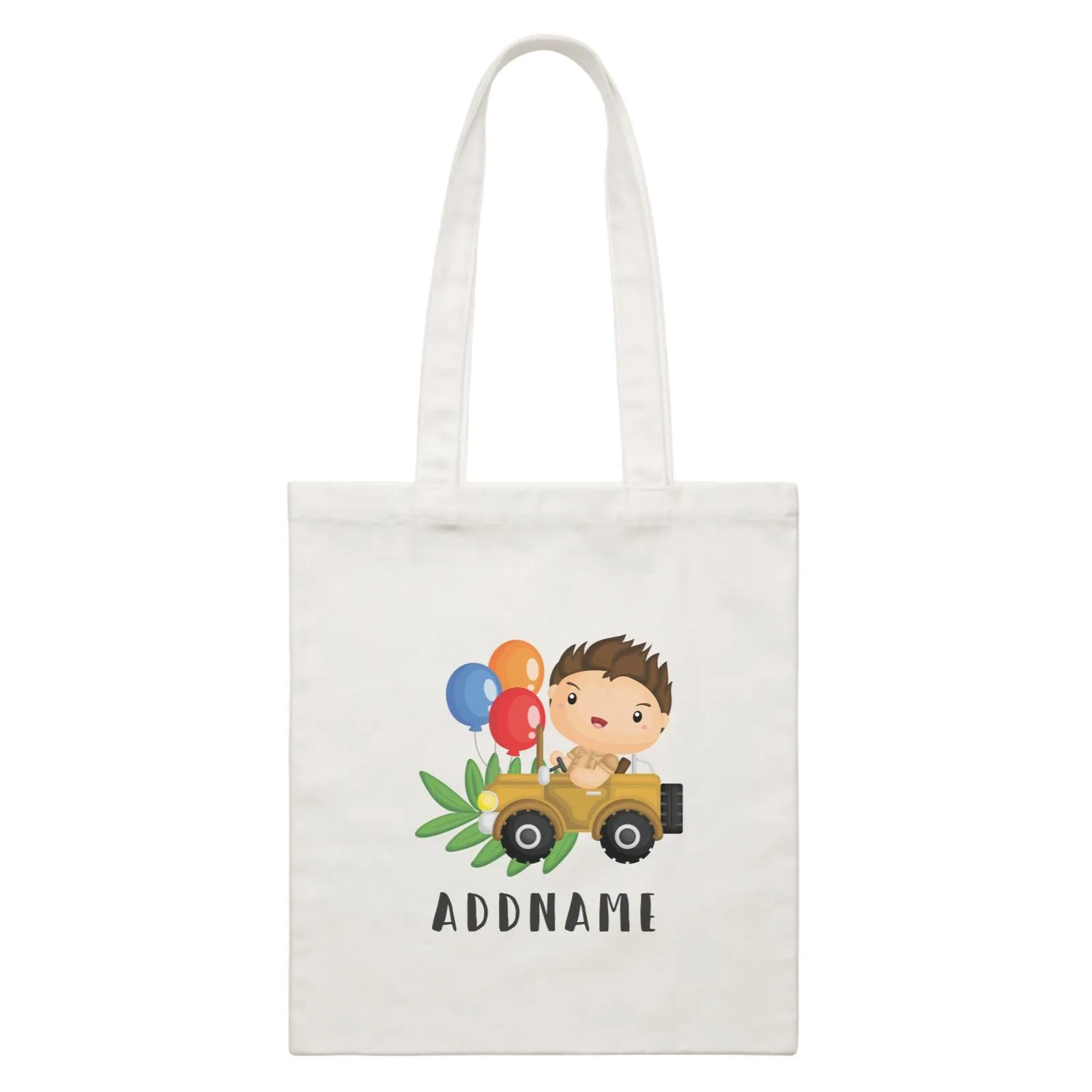 Birthday Safari Explorer Boy Driving Jeep Car Addname White Canvas Bag