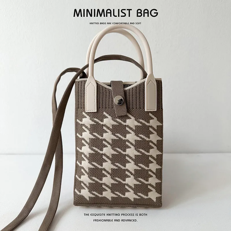 Black and White Houndstooth Mini Knit Phone Bag