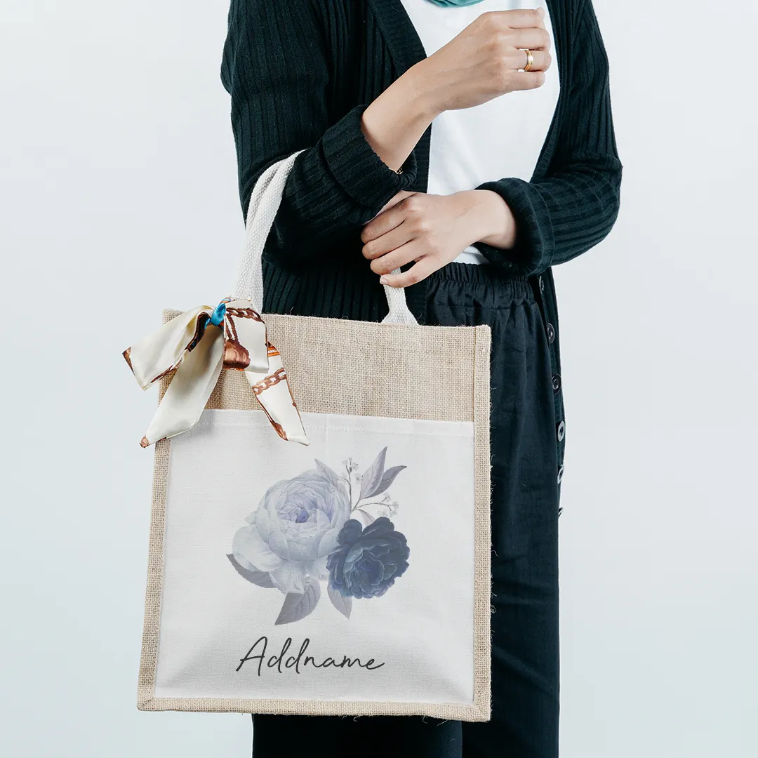 Blue Rose with Colourful Jute Bag with Front Pocket