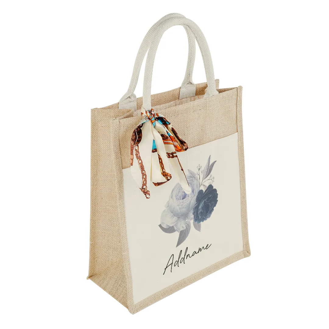 Blue Rose with Colourful Jute Bag with Front Pocket