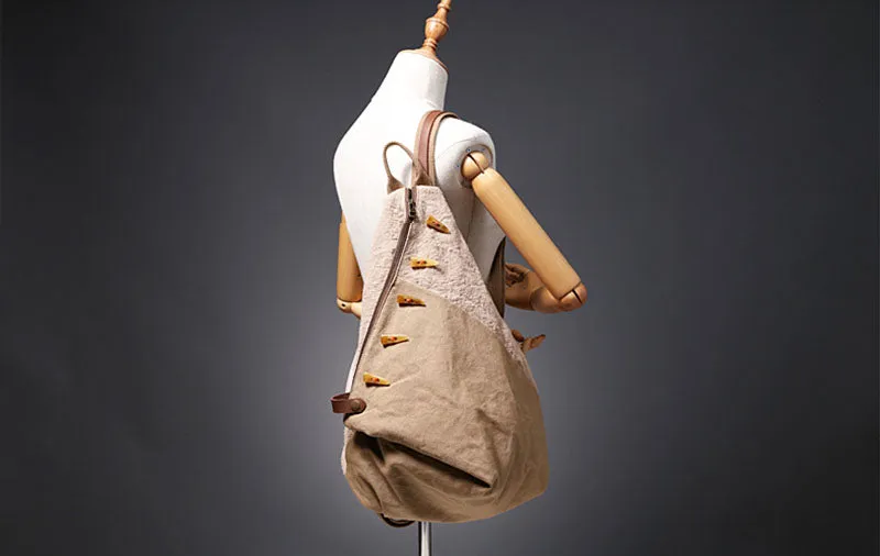 Brown Women's Cotton Canvas And Leather Backpack Rucksack Purse For Women