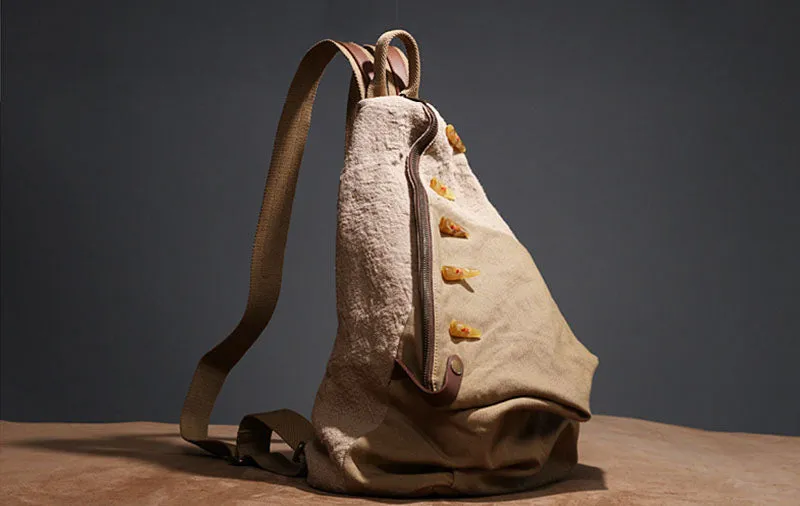 Brown Women's Cotton Canvas And Leather Backpack Rucksack Purse For Women