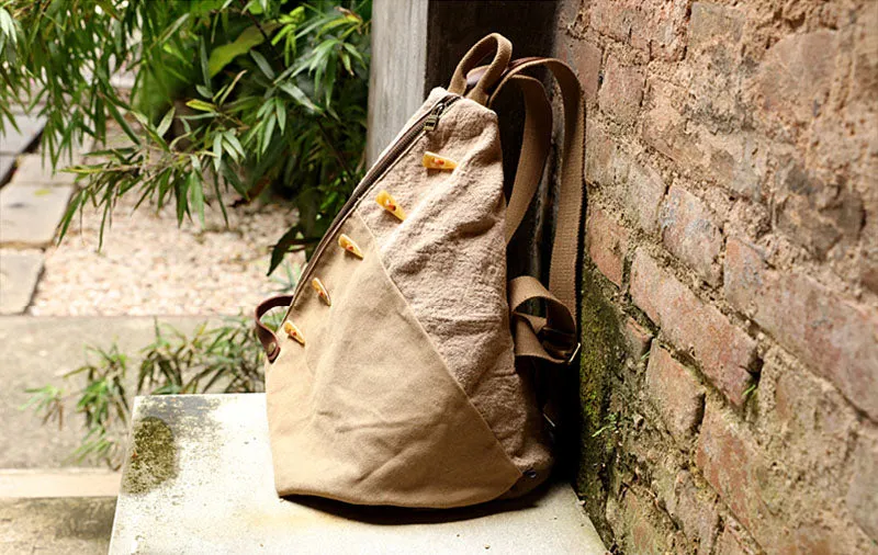 Brown Women's Cotton Canvas And Leather Backpack Rucksack Purse For Women