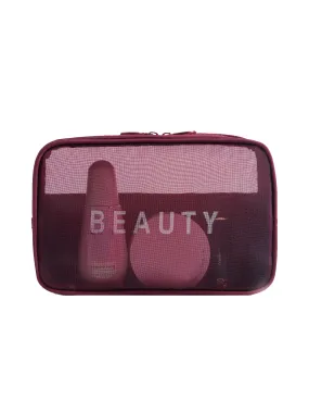 Burgundy Mesh Makeup Bag Cosmetic Organizer Toiletries Bag Makeup Organizer Zip