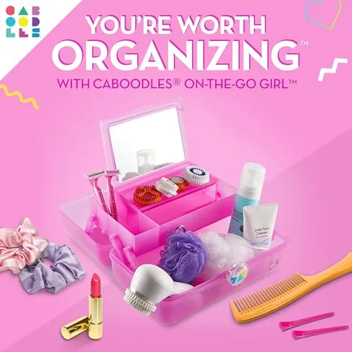 Caboodles On-The-Go Girl Makeup Box, Hot Pink Sparkle, Hard Plastic Makeup Organizer Box, Built-In Mirror, Secure Latch for Safe Travel, Spacious Storage for Large Items