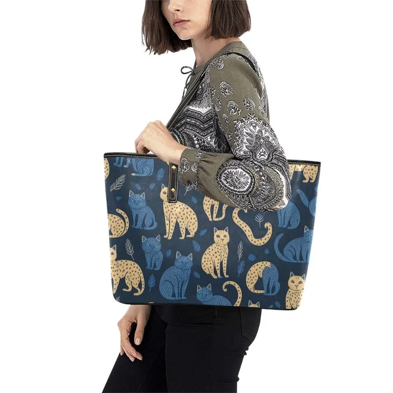 Cat Themed PU Leather Tote Bag