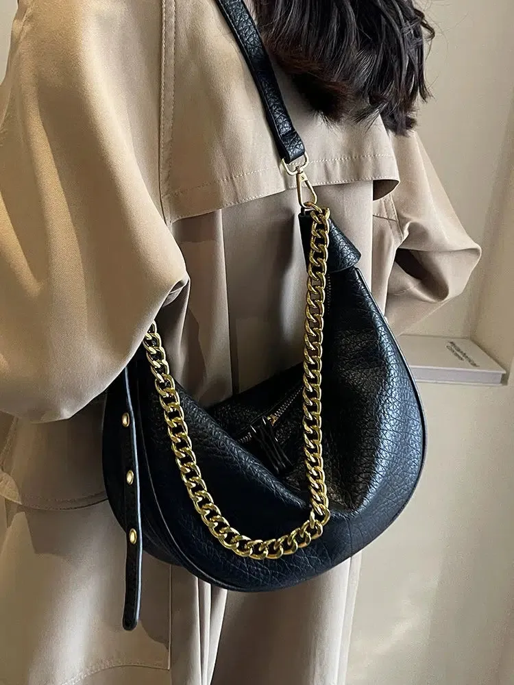 Chain Strap Zipper Crescent Bag