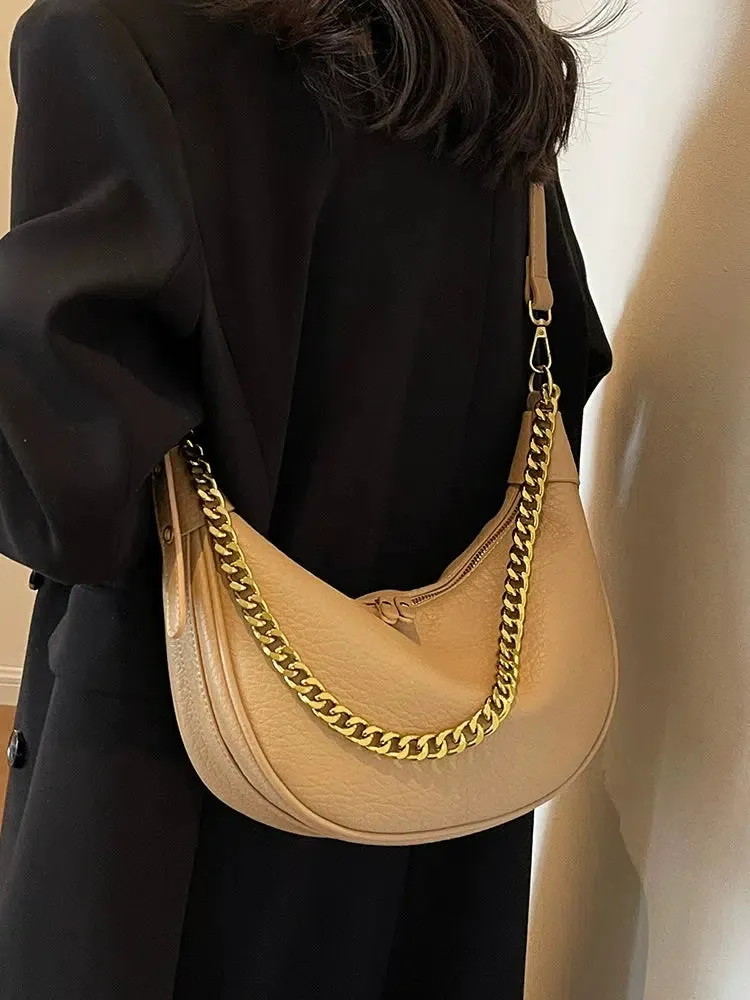 Chain Strap Zipper Crescent Bag