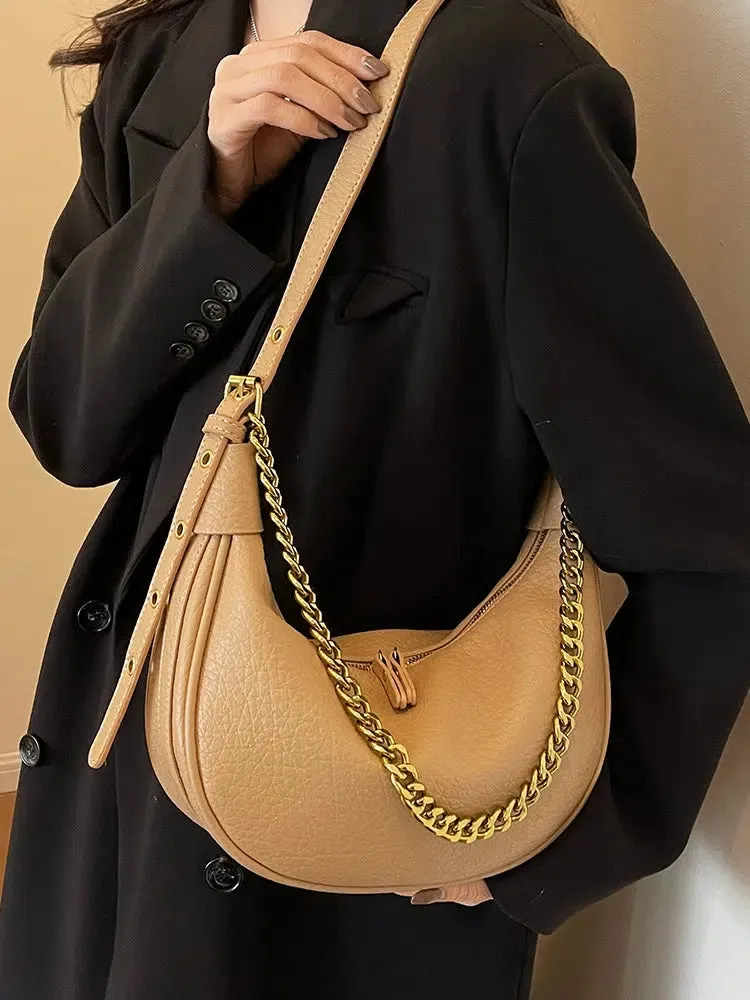 Chain Strap Zipper Crescent Bag