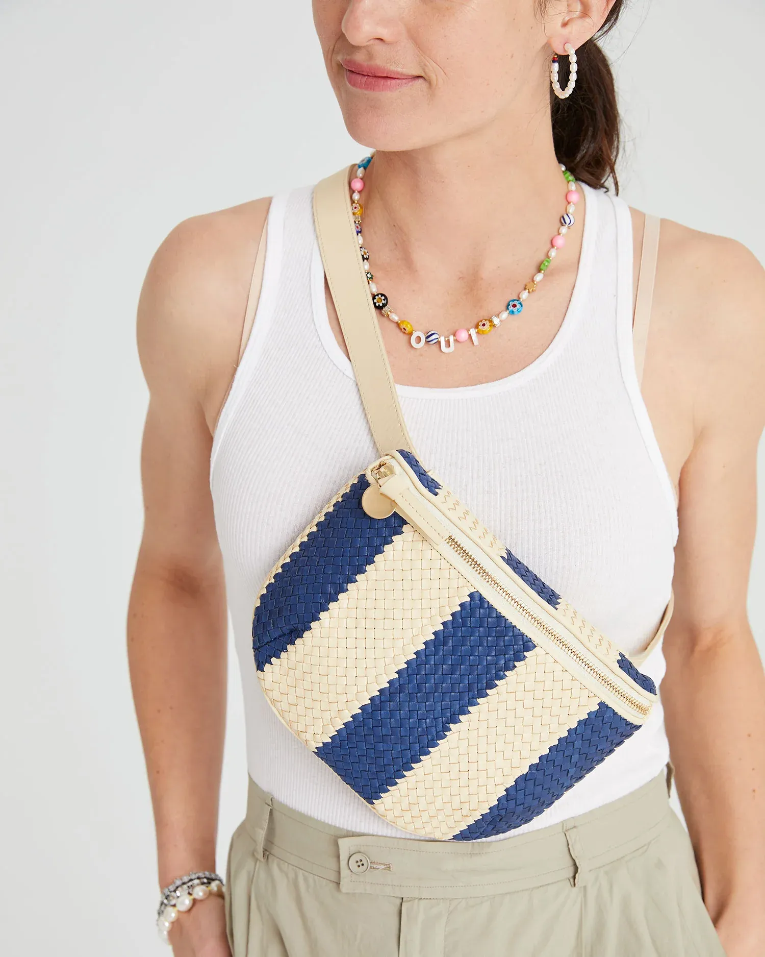 Clare V - Fanny Pack in Indigo & Cream Woven Racing Stripes