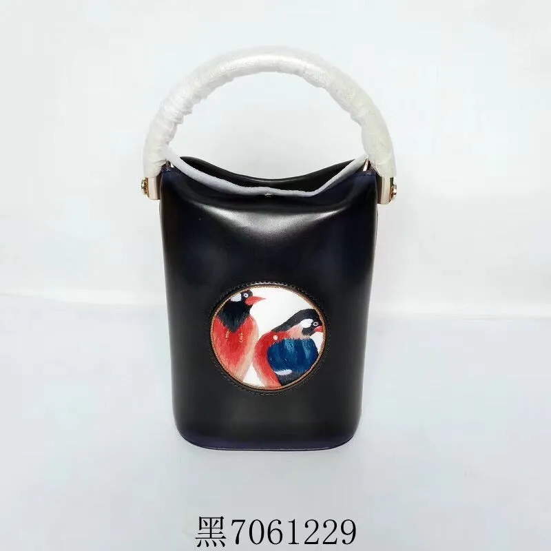 Classic hand su embroidery metal cowhide bag mini bucket pail shoulderbag handbag