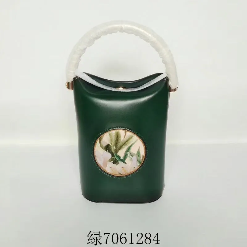 Classic hand su embroidery metal cowhide bag mini bucket pail shoulderbag handbag