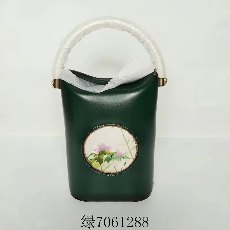 Classic hand su embroidery metal cowhide bag mini bucket pail shoulderbag handbag