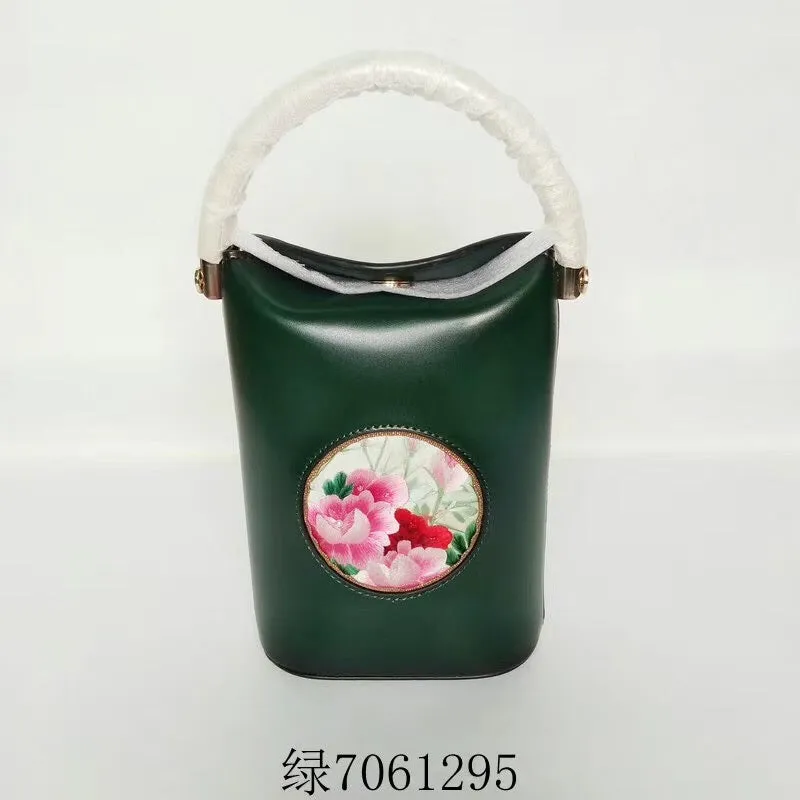 Classic hand su embroidery metal cowhide bag mini bucket pail shoulderbag handbag