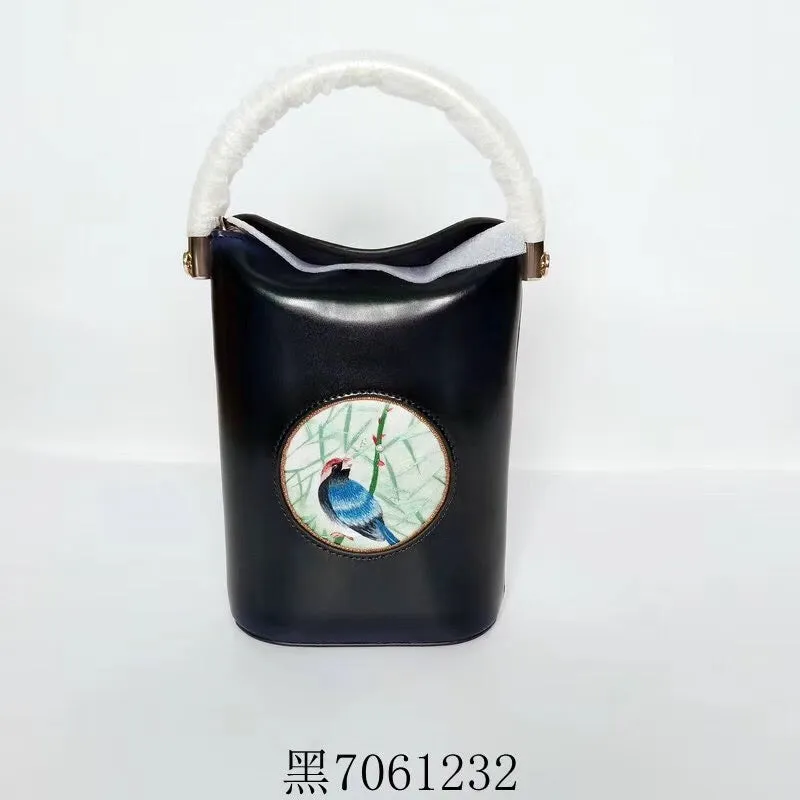 Classic hand su embroidery metal cowhide bag mini bucket pail shoulderbag handbag