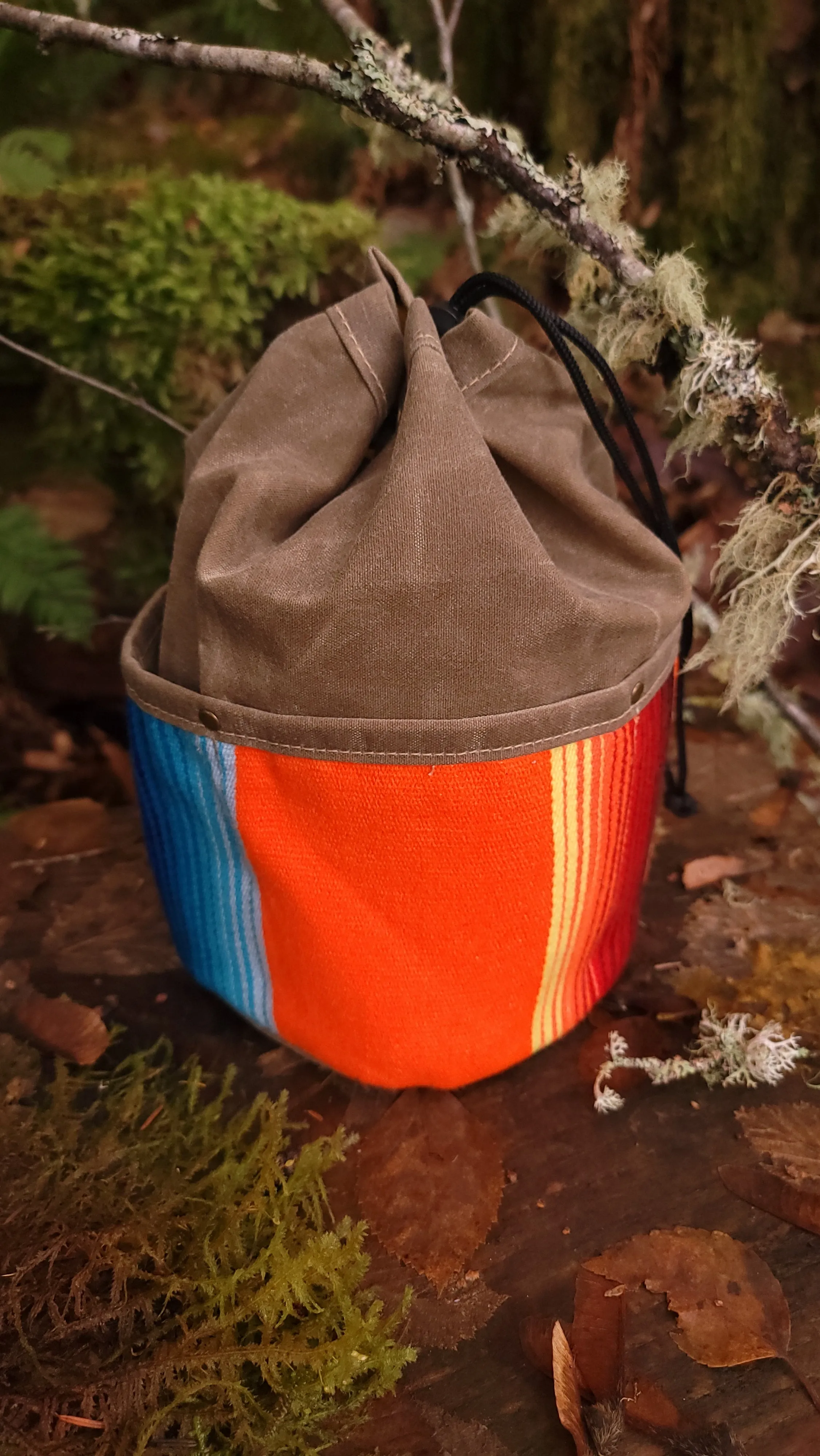 Colorful Waxed Canvas Cedar Bucket Bag with Outside Pockets.