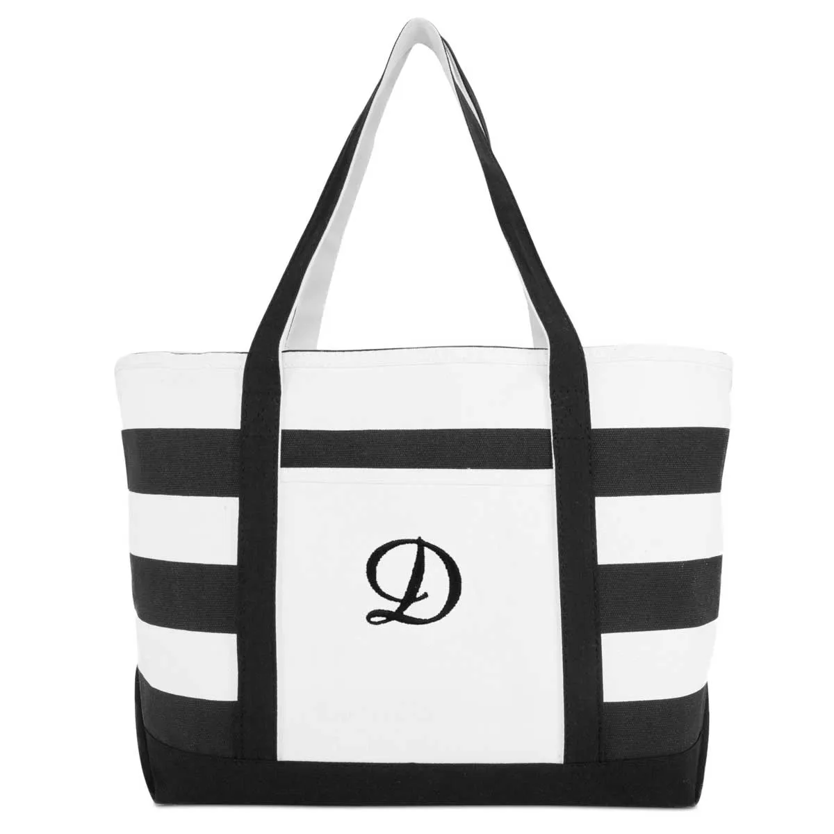 Dalix Striped Beach Bag Tote Bags Canvas Personalized Black Ballent Letter A - Z