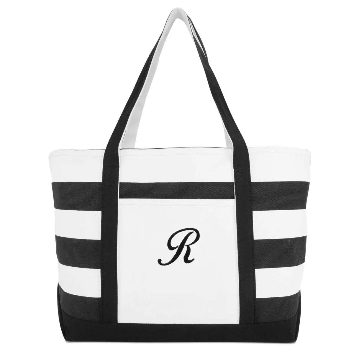 Dalix Striped Beach Bag Tote Bags Canvas Personalized Black Ballent Letter A - Z