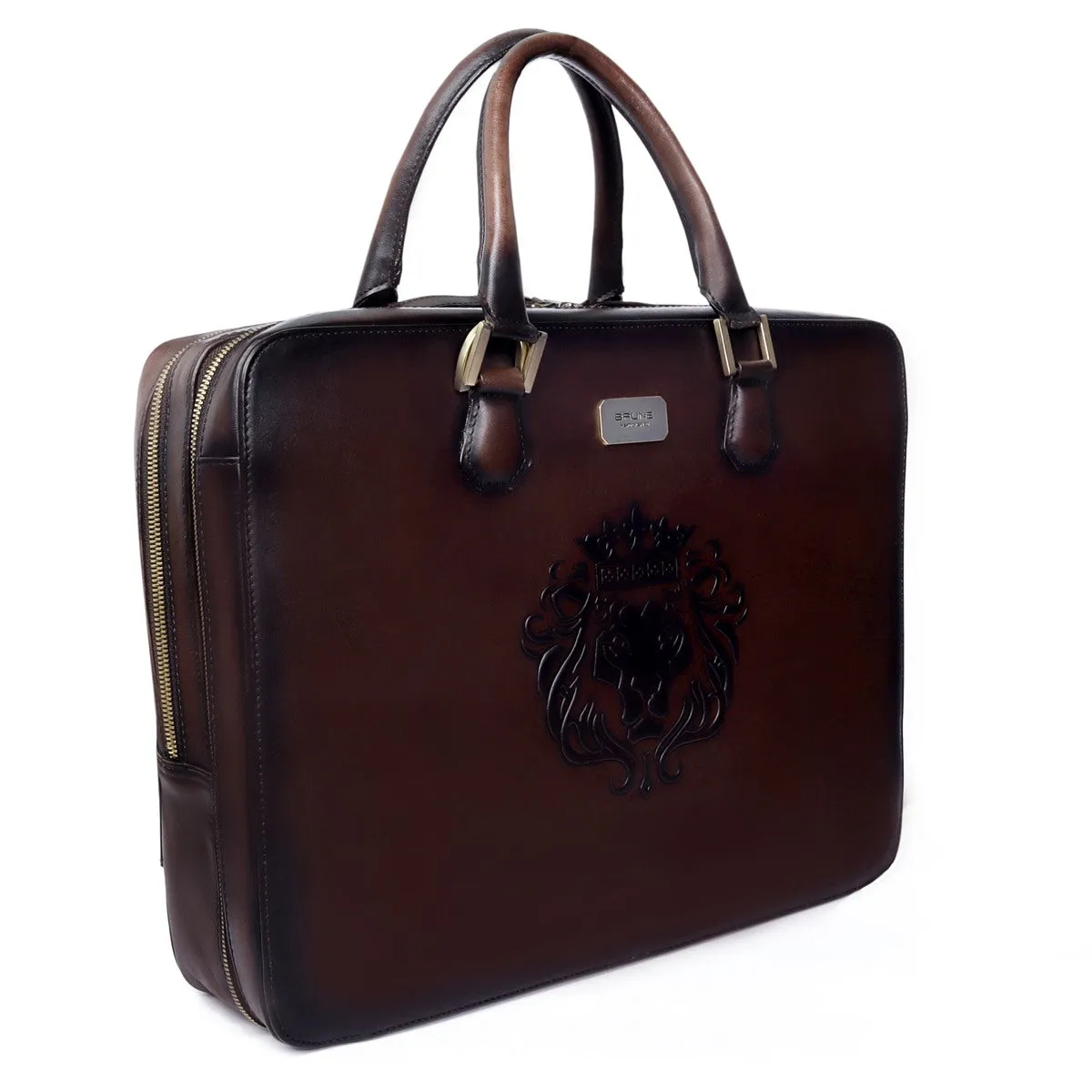 Dark Brown Leather Embossed Lion Laptop Office Briefcase with Organizer Compartment by Brune & Bareskin