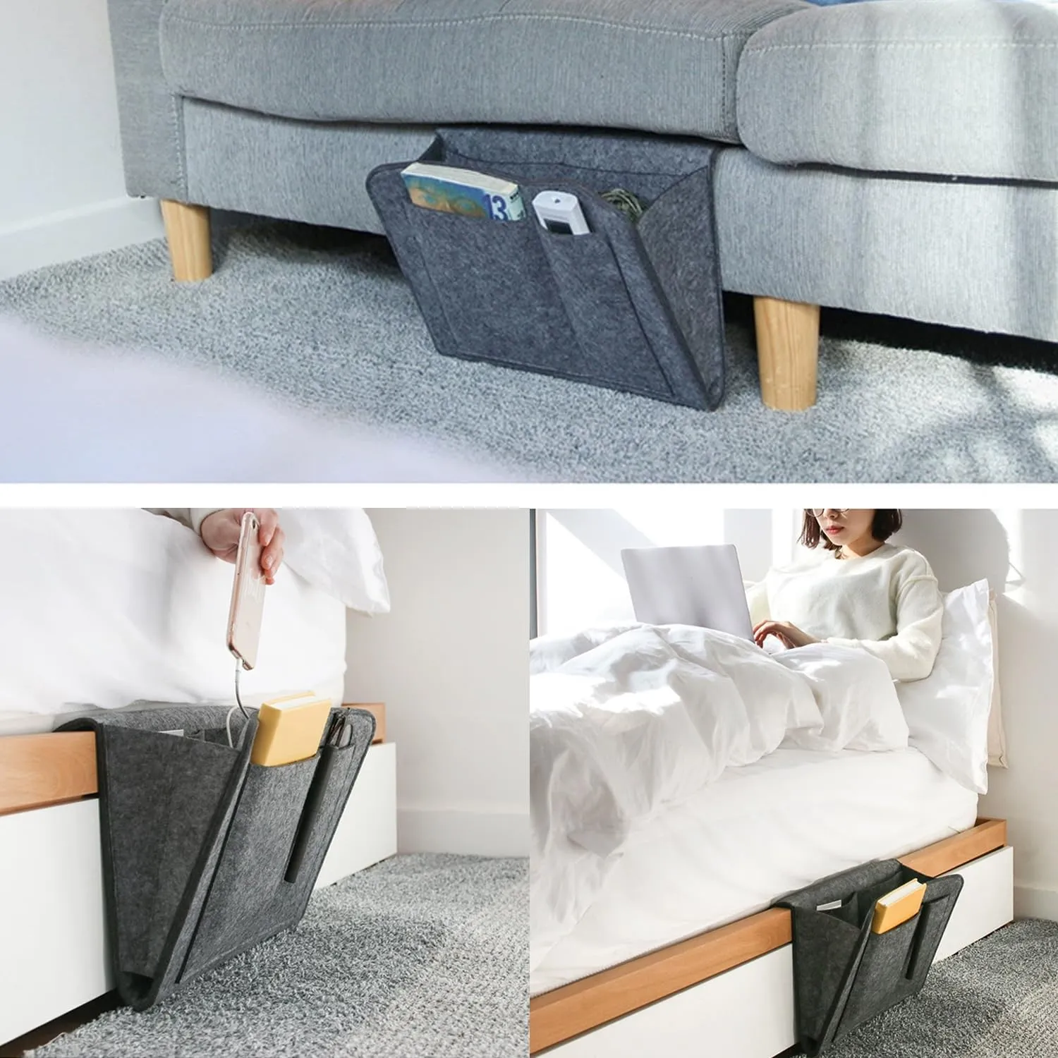 Durable Felt Bedside Caddy with Multiple Pockets, Dark Grey