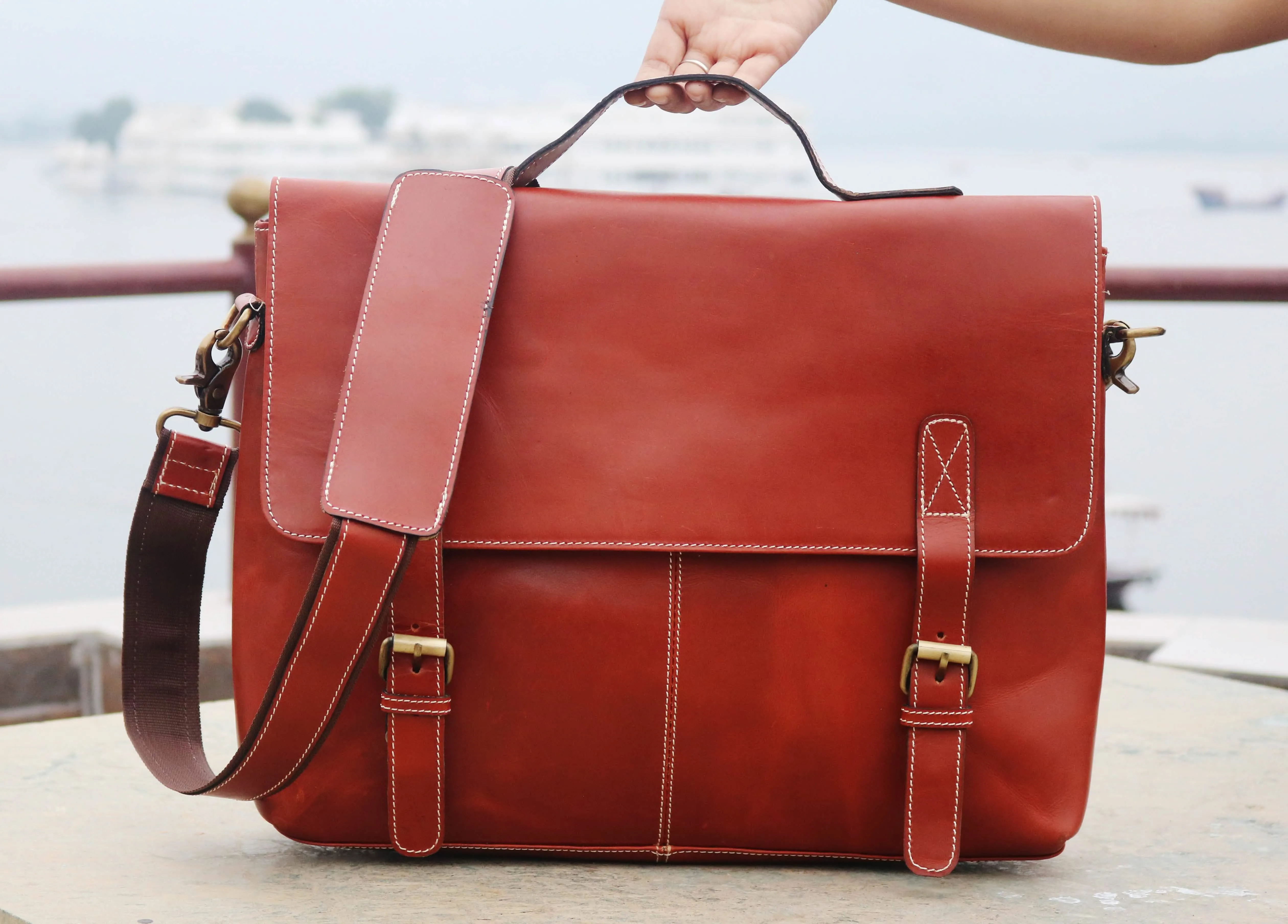 Dynamic Orange Buffalo Leather Laptop Messenger Satchel