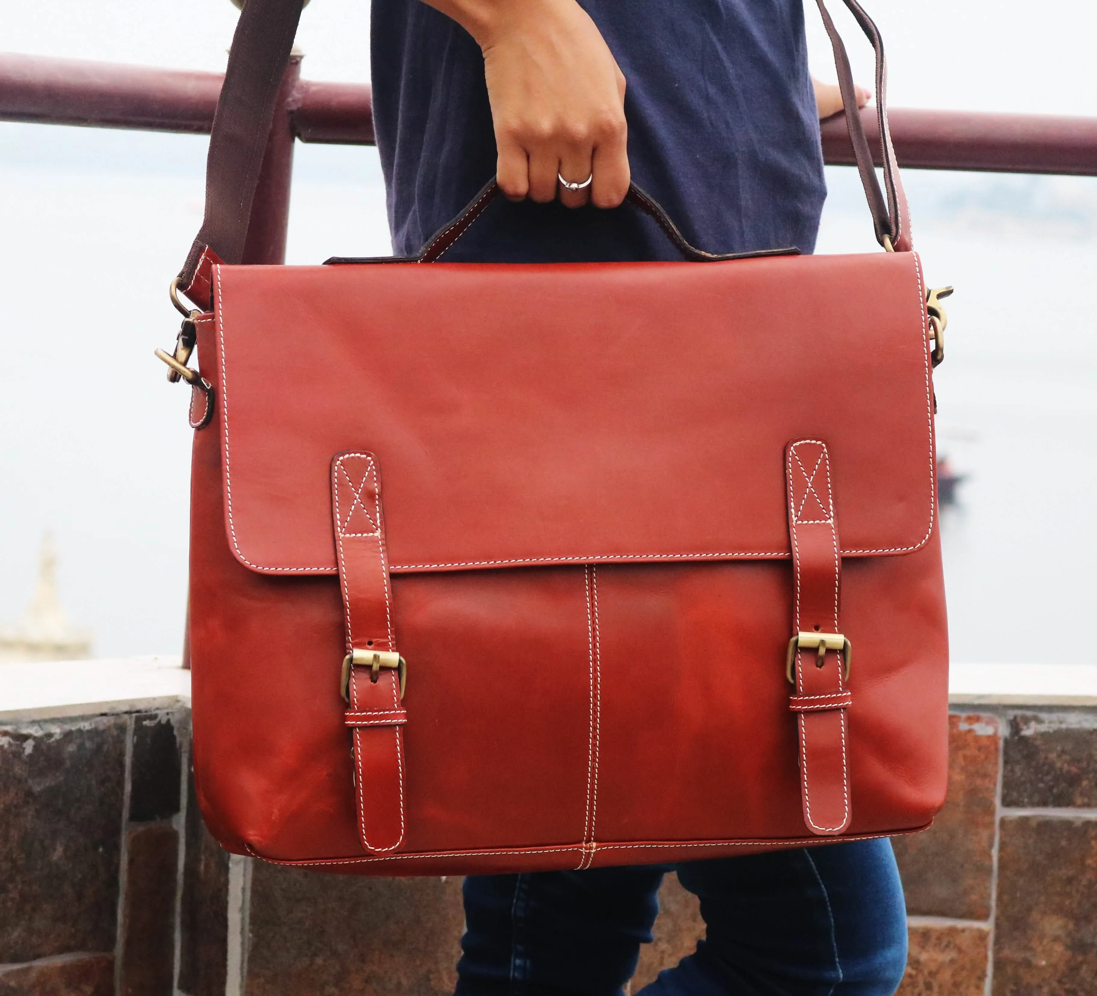 Dynamic Orange Buffalo Leather Laptop Messenger Satchel