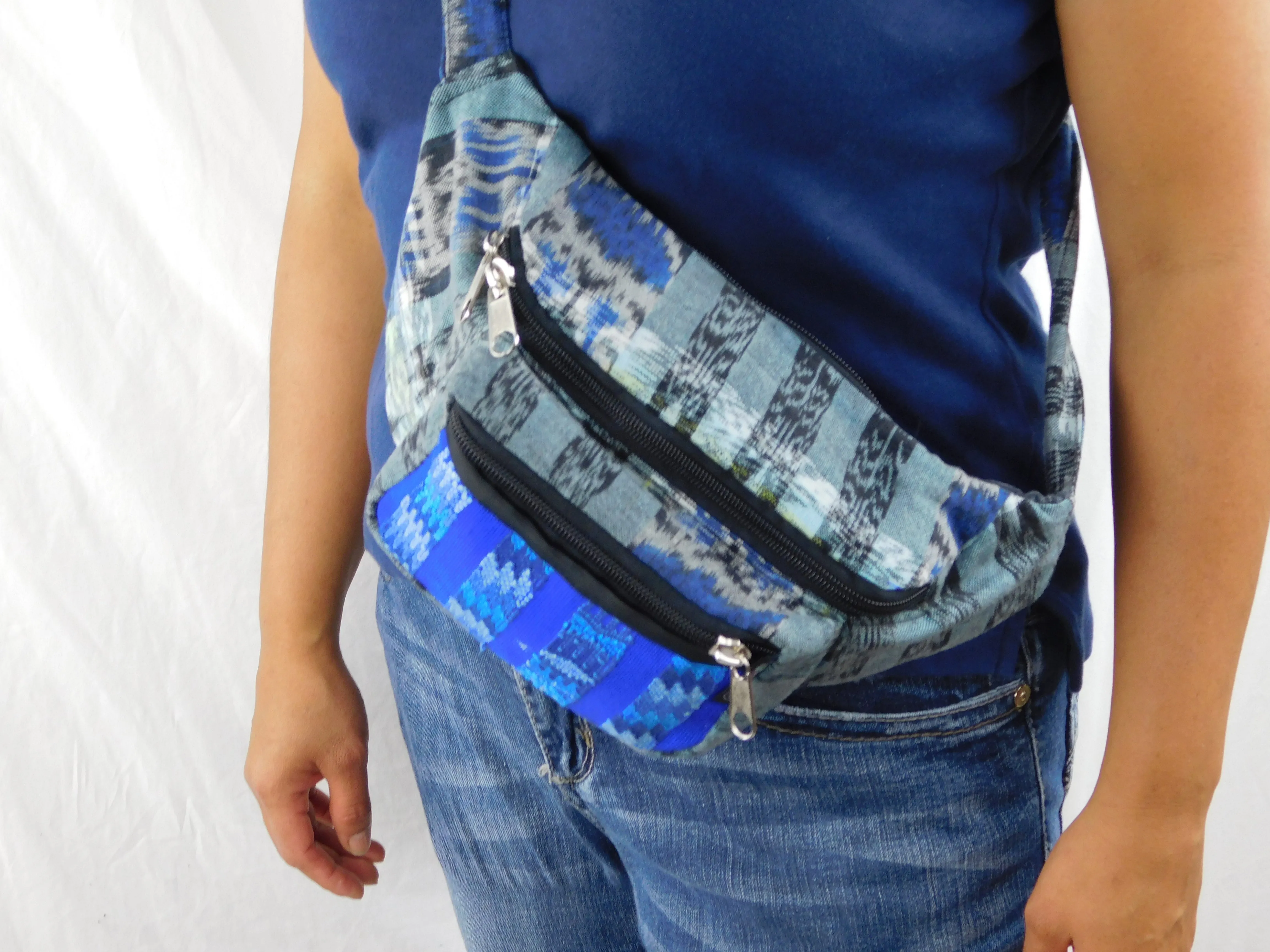 Extra large 3 pocket waist pack in hand woven cotton.