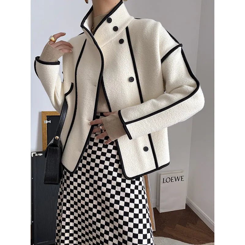 Fashionkova barn jacket outfits Sinan Noble Pearl Velvet Coat for Women 2024 Autumn and Winter New Contrast Color Bag Edge Stand Collar Short Coat Sn0593