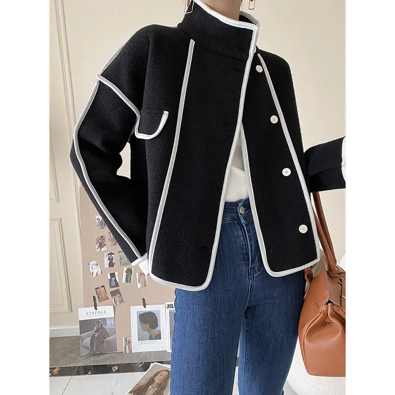 Fashionkova barn jacket outfits Sinan Noble Pearl Velvet Coat for Women 2024 Autumn and Winter New Contrast Color Bag Edge Stand Collar Short Coat Sn0593