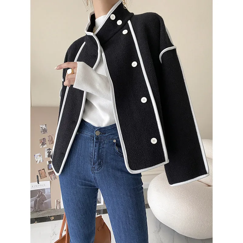 Fashionkova barn jacket outfits Sinan Noble Pearl Velvet Coat for Women 2024 Autumn and Winter New Contrast Color Bag Edge Stand Collar Short Coat Sn0593