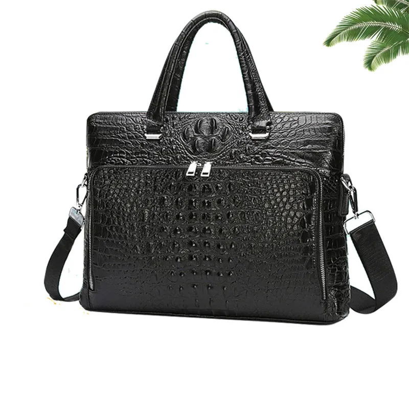 Genuine Leather Crocodile Patterned Laptop Bag for Men - Business-Ready A4 Briefcase