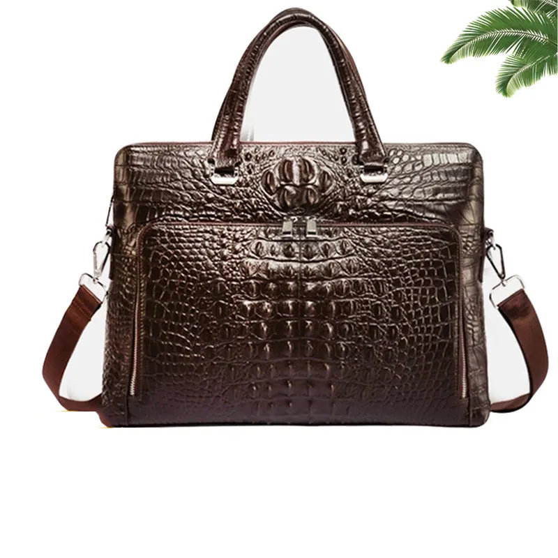 Genuine Leather Crocodile Patterned Laptop Bag for Men - Business-Ready A4 Briefcase