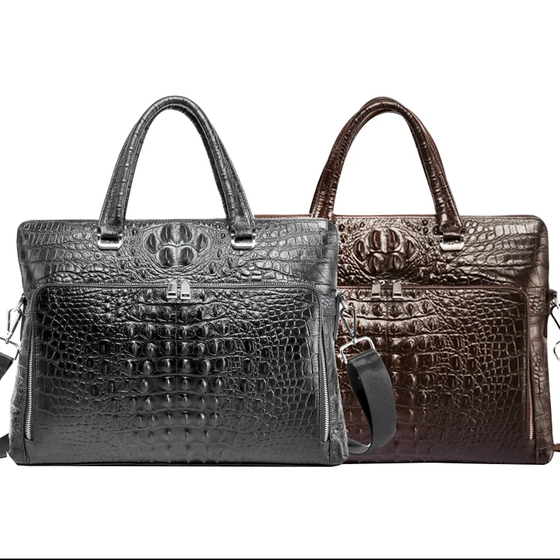 Genuine Leather Crocodile Patterned Laptop Bag for Men - Business-Ready A4 Briefcase