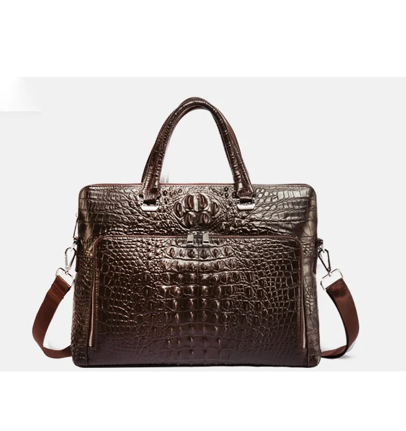 Genuine Leather Crocodile Patterned Laptop Bag for Men - Business-Ready A4 Briefcase