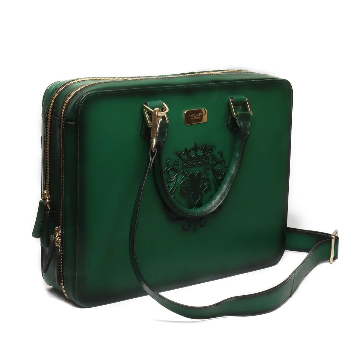 Green Leather Embossed Lion Laptop Briefcase with Organizer Compartment by Brune & Bareskin