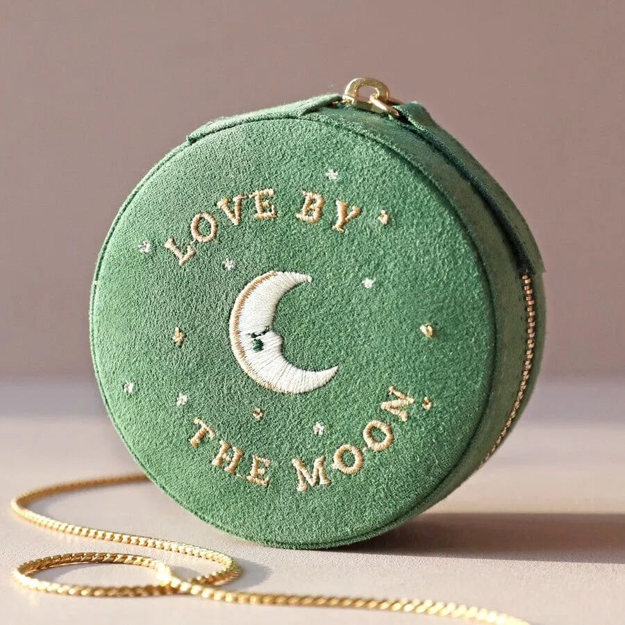 Green Sun and Moon Embroidered Round Jewelry Box