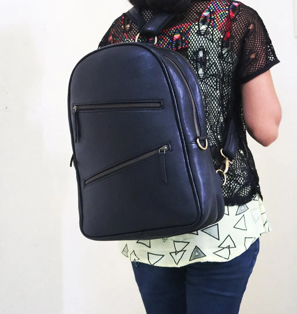 Handmade Black Leather Backpack For Unisex .