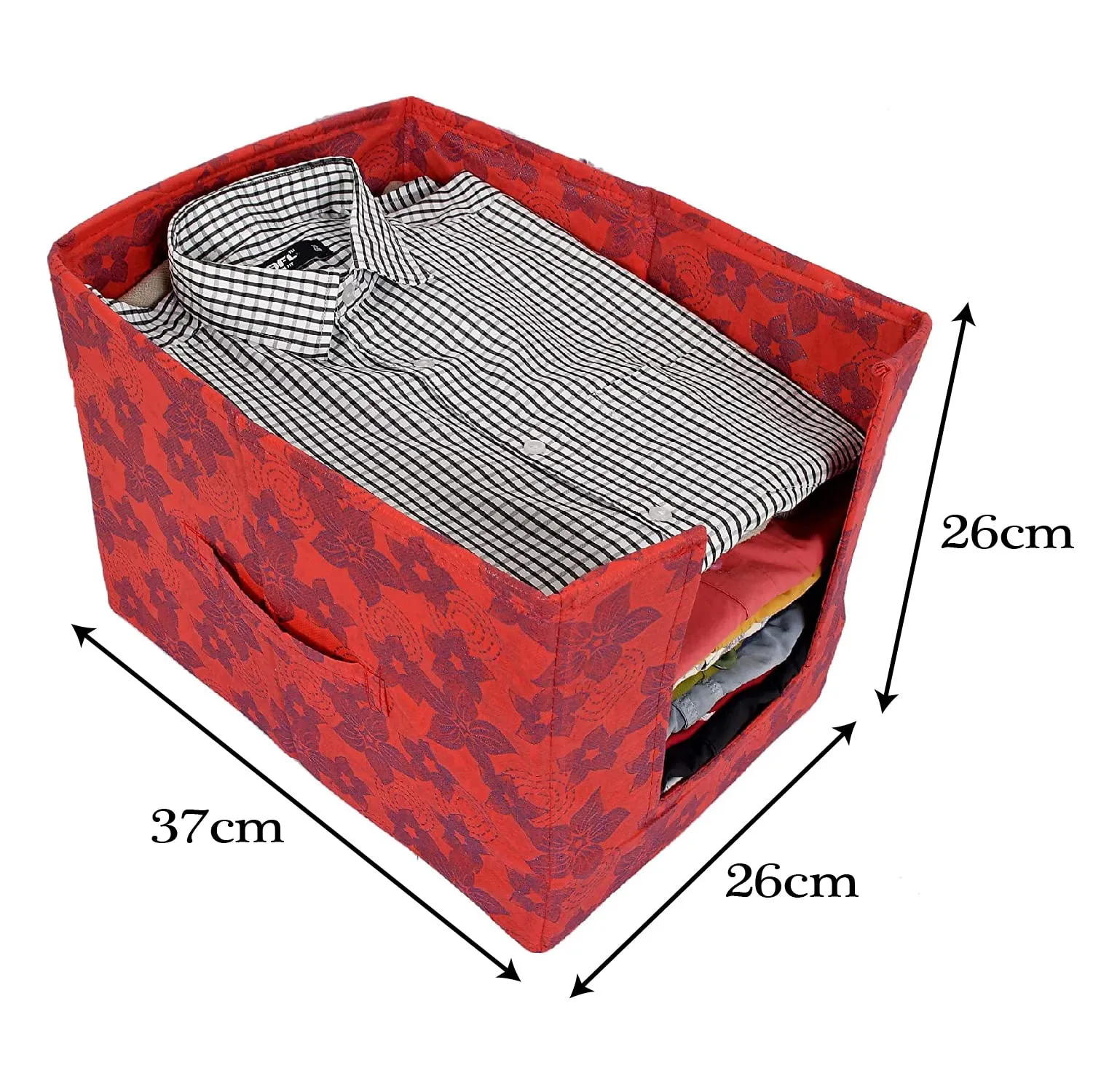 Heart Home Metallic Flower Printed Non-Woven Foldable Shirt Stacker Closet Organizer With Handles- Pack of 2 (Red)-HS43HEARTH26458