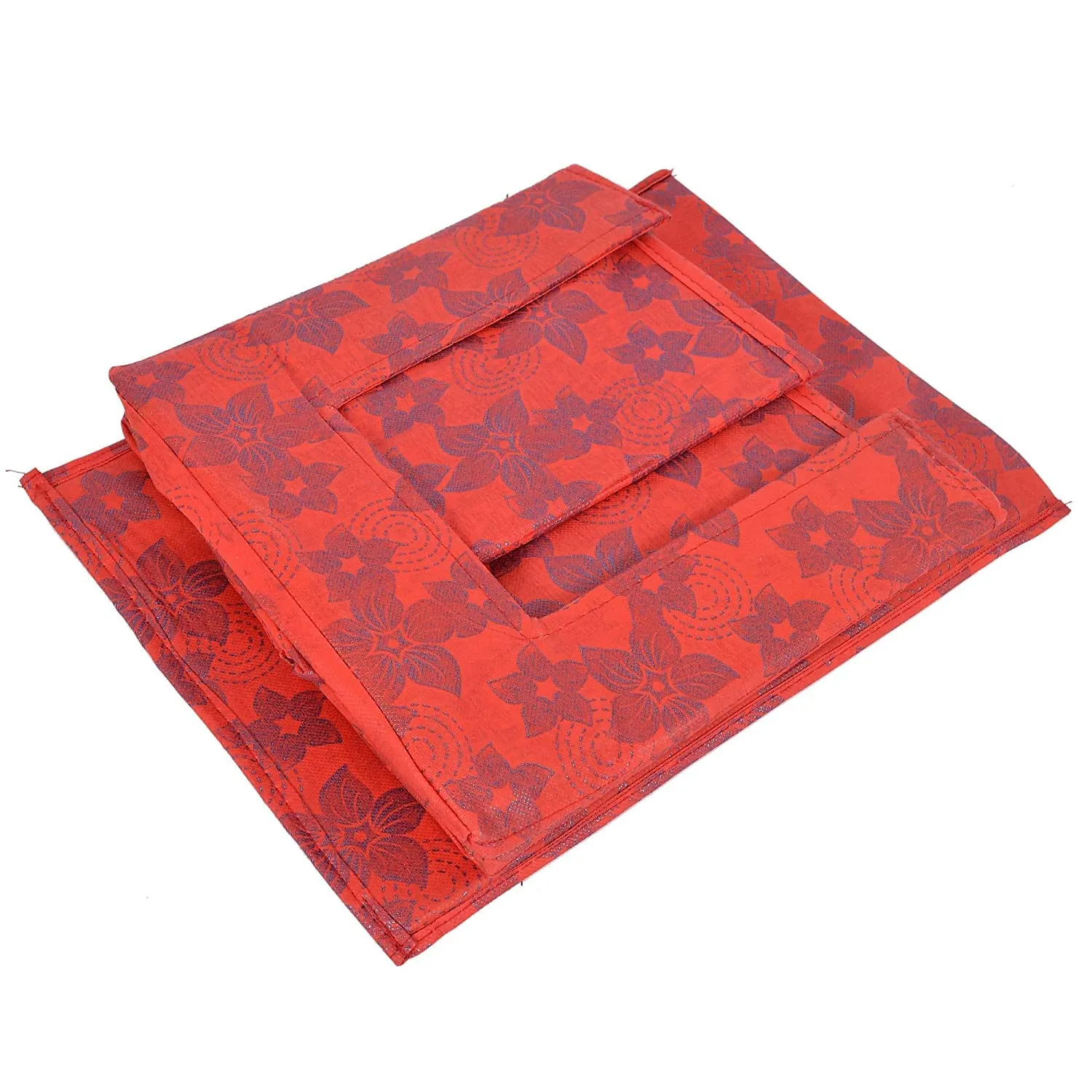 Heart Home Metallic Flower Printed Non-Woven Foldable Shirt Stacker Closet Organizer With Handles- Pack of 2 (Red)-HS43HEARTH26458